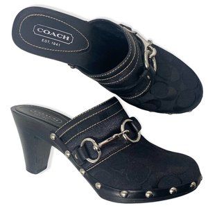 Coach Sutton Signature Jacquard Studded Clogs, sz 7M, Black/Silver, EUC, Heeled